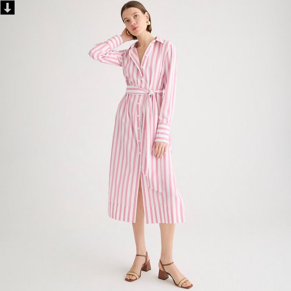 JCREW Long-sleeve button-up shirtdress in pink striped poplin